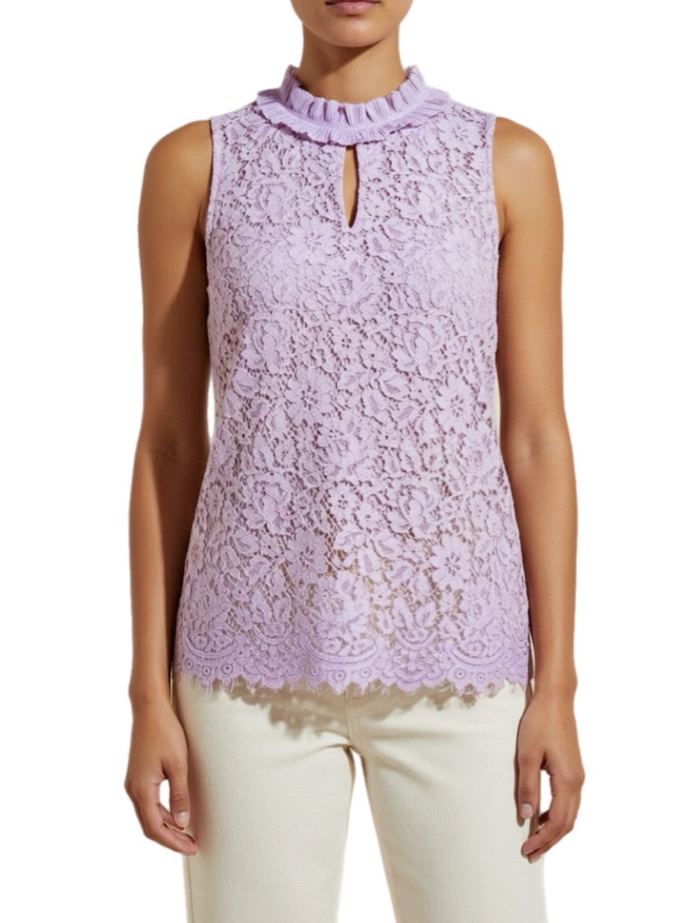 J. Crew | Lavender Lace Ruffled Mock-Neck   Sleeveless Blouse Top